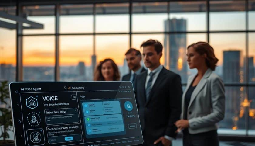 A futuristic office environment showcasing an AI voice agent in action, highlighting security and privacy themes. In the foreground, a sleek digital interface displays static visual data related to voice authentication and user privacy settings. The middle layer features a diverse group of professionals in business attire, engaging with the technology, looking focused and attentive. They symbolize trust in AI's capabilities. In the background, large windows reveal a cityscape at dusk, with a warm glow illuminating the office. The lighting is soft yet modern, conveying a sense of innovation and security. Use a wide-angle perspective to enhance depth. The overall mood is confident and forward-thinking, representing the integration of AI voice agents in a secure CRM environment.