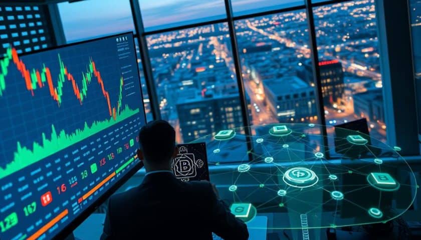 A dynamic digital workspace showcasing automated trading and blockchain technology. In the foreground, a large, sleek computer screen displays live crypto market data and charts with vibrant green and red candlestick patterns. A professional figure in business attire, focused and engaged, is seated at the desk, analyzing the data. The middle ground features holographic graphs and animated blockchain nodes, seamlessly blending with the digital environment. In the background, a modern office with large windows reveals a bustling cityscape, illuminated by soft evening light creating an inspiring atmosphere. The scene conveys innovation and strategic thinking, emphasizing the synergy between AI and cryptocurrency investments, using a high-angle perspective to capture both detail and scope.